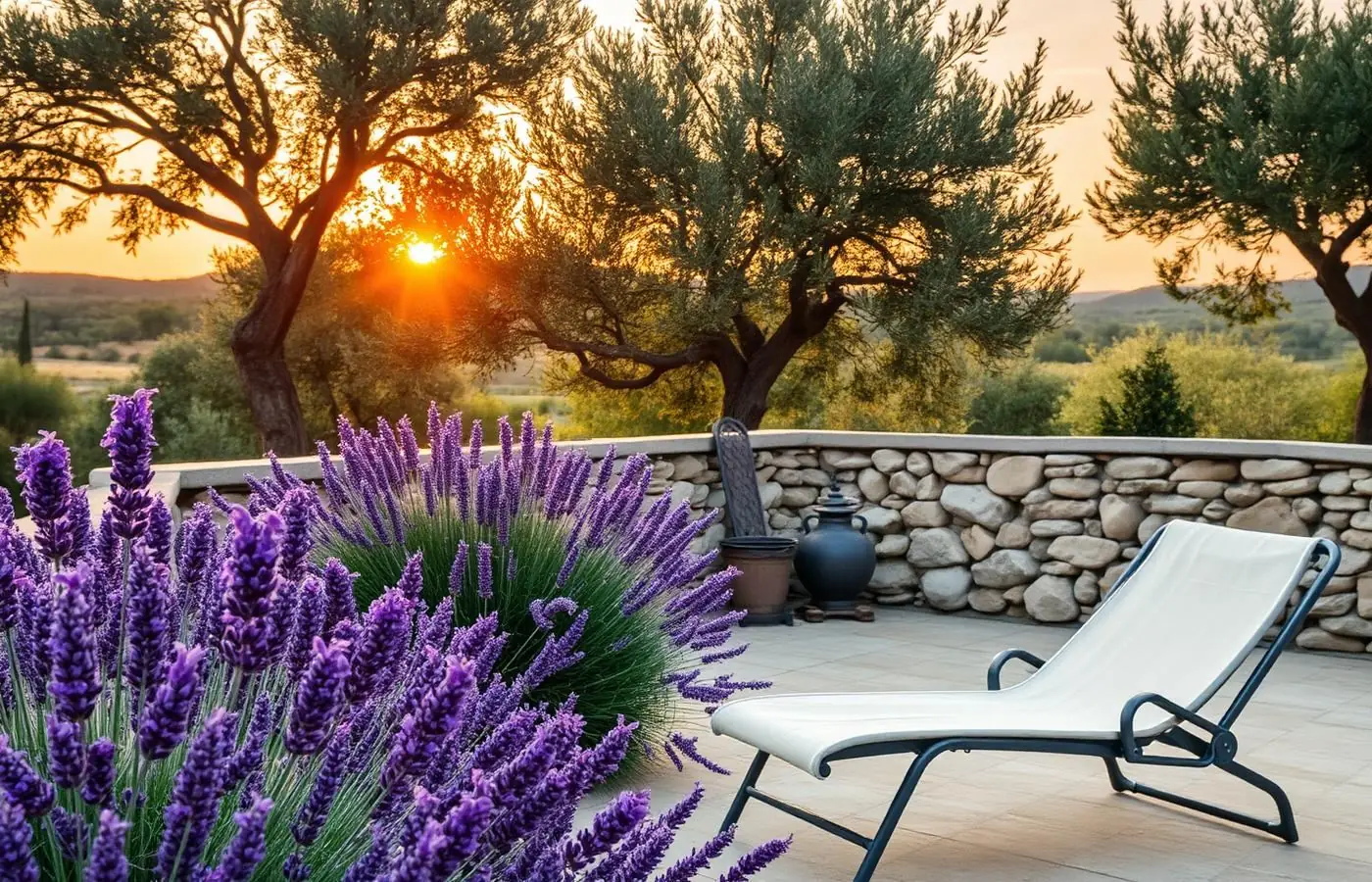 Terrasse en Provence au coucher du soleil avec lavande et oliviers