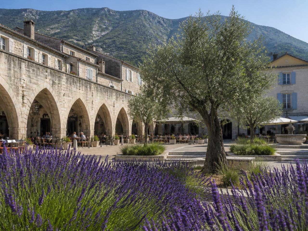 La place des Arcades de Buis-les-Baronnies avec ses terrasses, ses oliviers et la lavande, entourée de montagnes