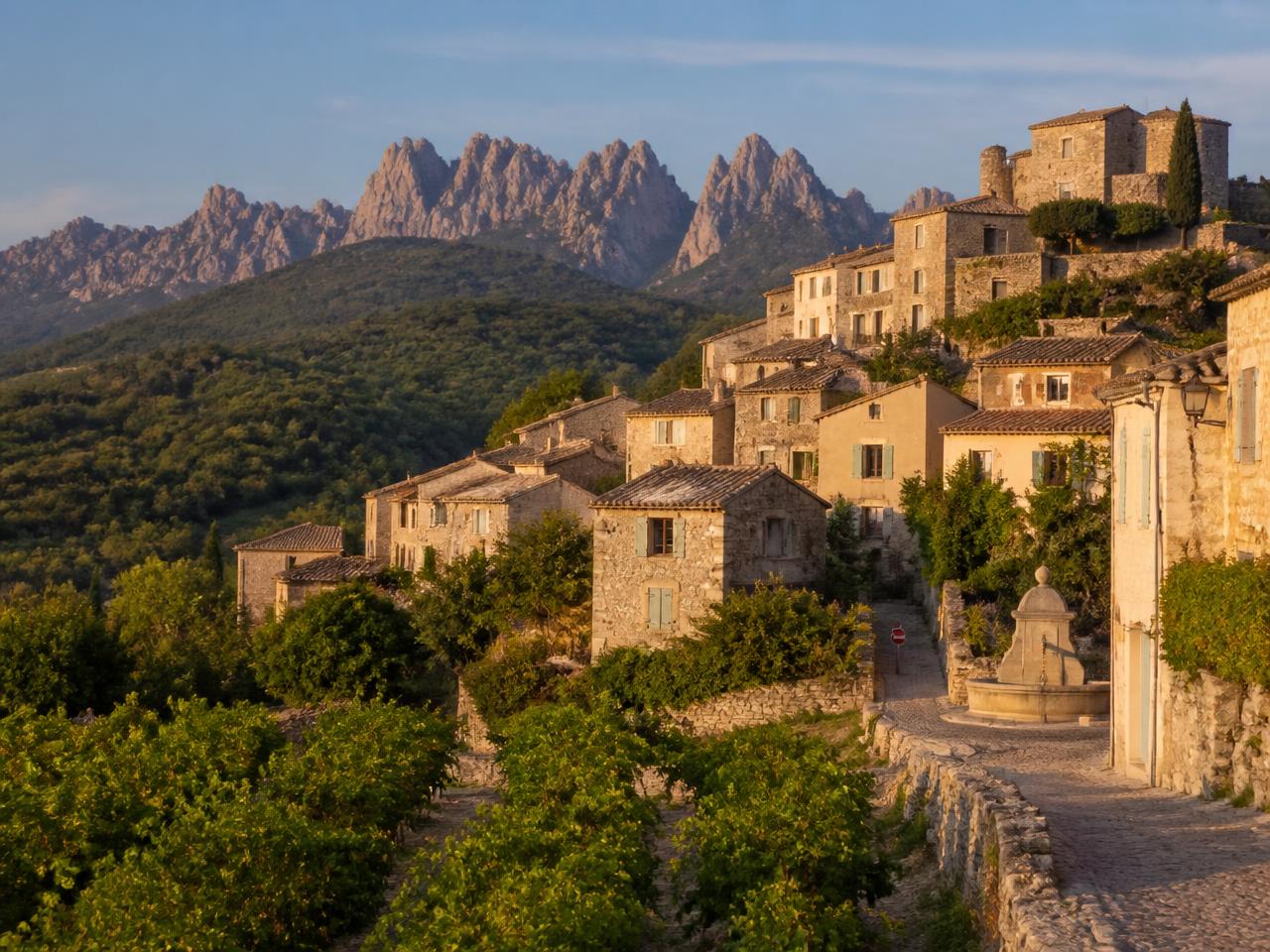 Le village médiéval perché de Séguret et ses maisons de pierre au milieu des vignobles, face aux Dentelles de Montmirail